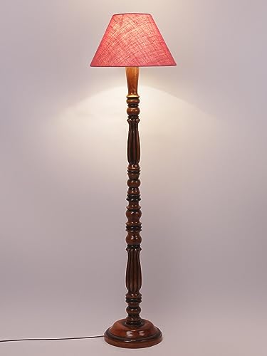 Image of Pink Jute Shade Wooden Floor Lamp with Wooden Base, Height - 53 Inches | Contemporary Standing Lamp for Living Room, Bedroom & Office | Elegant Lighting for Stylish Home Interiors