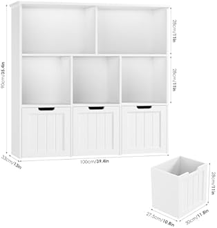 FOTOSOK Toy Storage Organizer with 3 Movable Drawers, Toy Organizer with Hidden Wheels and 5 Open Cubbies, Multifunctional Floor Storage Chest for Playroom, White