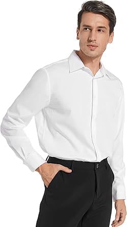 FAHIZO Men's Dress Shirt Regular Fit Soild Business Formal Long Sleeve Button Up Stretch Shirts4