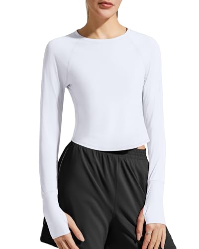 G4Free UPF 50+ Quick Dry Breathable Soft Long Sleeve Shirts for Women Rash Guard Workout Sun Shirt Running Crop Tops Activewear(White M)
