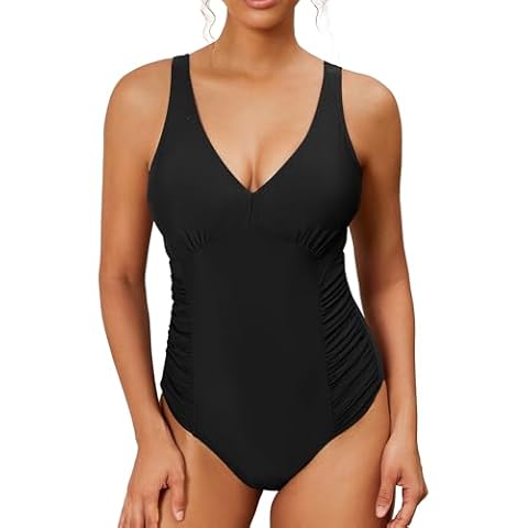 CORTUBO Women’s Slimming Vintage Retro Ruching Swimsuit Sides Pleated One Piece for Women Black M Cover