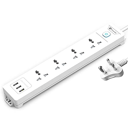 UltraProlink UM1049U Surge Shield Surge Protector & Spike Guard | White | 350J Extension Board | 4 Universal Sockets 2500W | 3 USB Ports | 2m/6.5ft Cable | Master Switch Power Strip for Home & Office