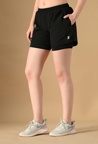 Image of Women Dual Layer Black Sports Shorts| 2-in-1 Athletic Running Gym Shorts with Built-in Compression Liner | Quick Dry, Lightweight