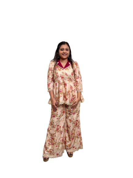 AURAA by KiVvarA Women's Peplum 2-Piece Set, Floral Beige, Printed Cambric Cotton with Lace and Jute Accents, Relaxed Fit, Signature Occasions-image-13
