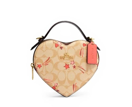 COACH Womens Heart Crossbody Bag Light khaki brown in Signature With Stars Print