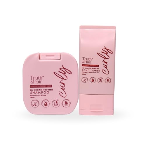 TRUTH & HAIR Hydro Nourish Conditioner (120ml) & Shampoo (180ml) for Curly Hair | With Aloevera Leaf Powder, Hyaluronic Acid, Collagen, Argan Oil & Shea Butter | SLS and Paraben free | Dermat Approved