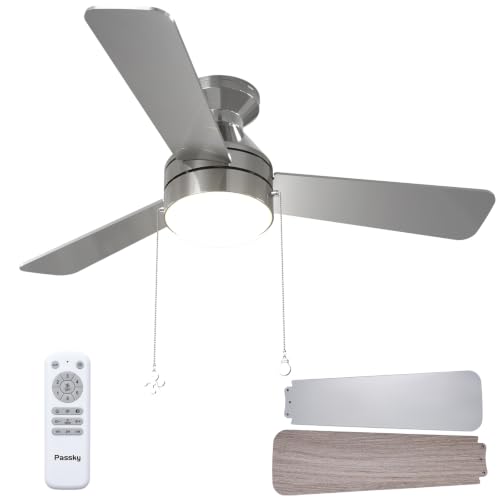 Image of Passky Ceiling Fans with Lights, 42 inch Low Profile Ceiling Fan with Pull Chain and Remote Control, Flush Mount, Reversible, 5CCT, Dimmable, Noiseless, Nickel Pull Cord Ceiling Fan for Bedroom | Flush mount, pull chain, remote, 3-color dimmable light, quiet reversible DC motor, easy install, memory, timer, bedrooms