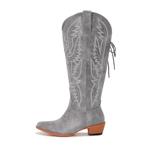 Image of Uillnoodu Wide Calf Cowboy Boots Women Adjustable Lace Up Knee High Tall Plus Size Cowgirl Boots Western Style Comfortable 2-Inch Heel