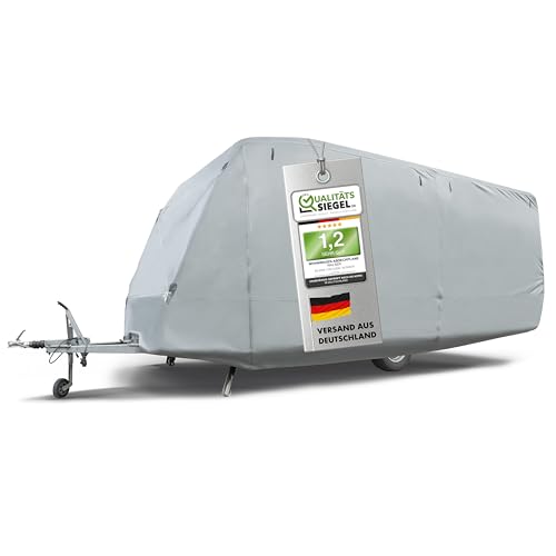WALSER Premium Wohnwagen Abdeckplane 100% wetterfeste Wohnwagenabdeckung wasserdichte Wohnwagenplane mit UV-Schutz Wohnwagen Schutzhülle Wohnwagen Abdeckung inkl. Aufbewahrungstasche 470x250x220cm