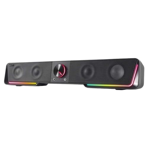 pulsierenden RGB-Farben im Musik-Sync-Modus und AUX/USB-Anschlüssen sichtbar. - Detailansicht von Speedlink Gravity RGB...