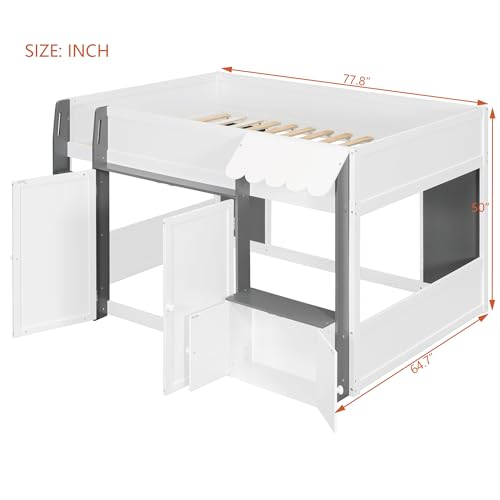 Image of Full House Loft Bed with Playhouse & Storage, Modern Wood Cabin Bed for Kids /Teens (White+Gray)