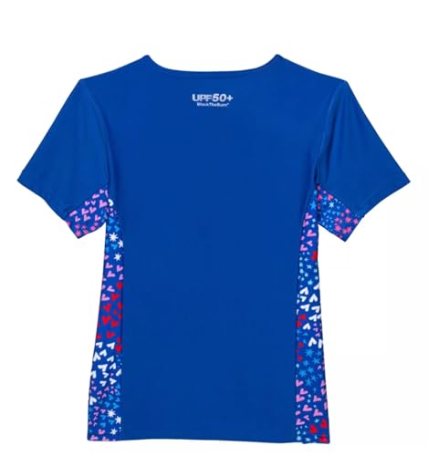 Speedo Big Girls Girls Short Sleeve Printed Splice Rashguard, Dazzling Blue/Heart Print, XL2