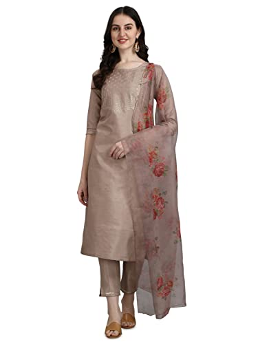 Image of VredeVogel Women's Silk Blend Embroidered Straight Kurta Pant Set with Organza Dupatta