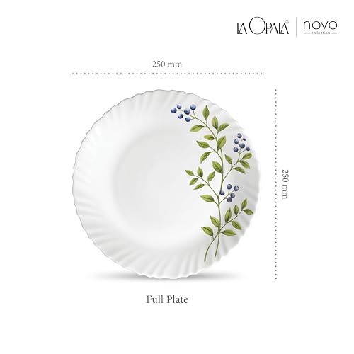 Image of La Opala Novo Collection Opal Glass Crockery | Full Plate Set of 6 | Lush Greens Design | Plates for Dining & Gifting | Microwave Safe | 100% Vegetarian | Extra Strong | Super Light & White