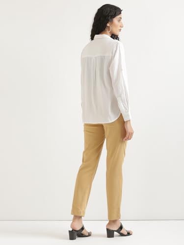 Image of SAADAA Women Pants Formal Straight Fit Cotton Satin Lycra Pant, Regular Fit Trouser for Office Work & Casual wear- Mid Rise, Elasticated Waistband, 4 Deep Pockets