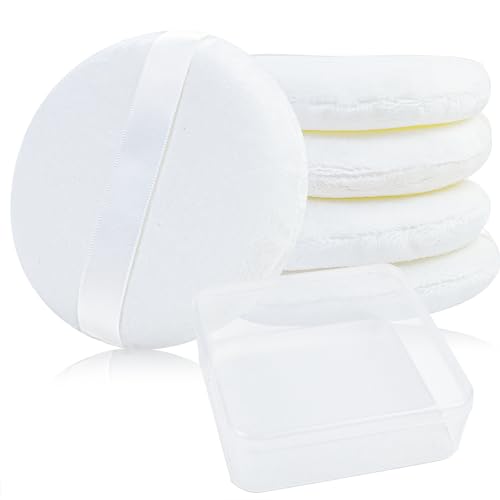 5 Pack Extra Large Body Powder Puff and Container, Soft Cotton 4.13 Inch Dusting Puffs with Washable Round Container for Woman Baby Body Face Loose Powder