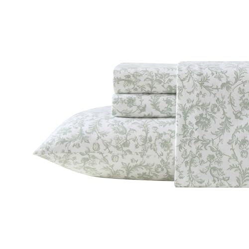 Image of Laura Ashley - Flannel Sheets Queen Size, Anti-Pilling & Wrinkle Resistant Cotton, Touchably Soft for All-Season Comfort - Bed Sheets with Matching Pillowcases & Fitted Sheet (Brinna Green)
