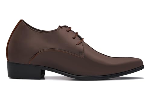 Image of CALTO Men's Invisible Height Increasing Elevator Shoes - Chocolate Brown Patent Leather Lace-up Formal Dress Oxfords - 2.8 Inches Taller - K2727 - Size 8 D(M) US