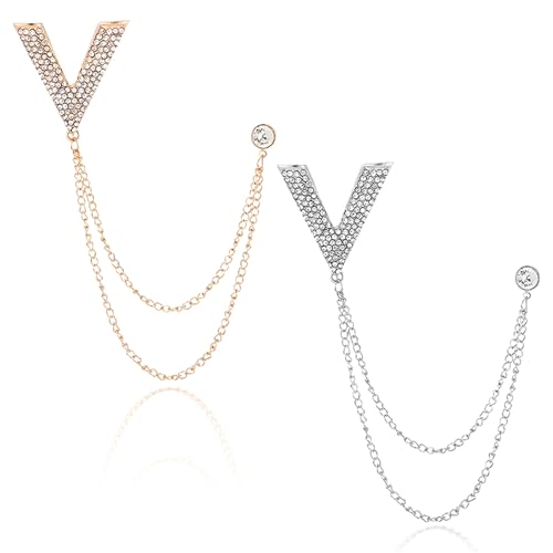 Image of 2PCS Crystal Hanging Chain Brooch Suit Pin for Men Women Vintage Crown Cross Star Diamond Broochs Gold and Silver Wedding Brooch for Clothes Dress Hats Bags Accessory