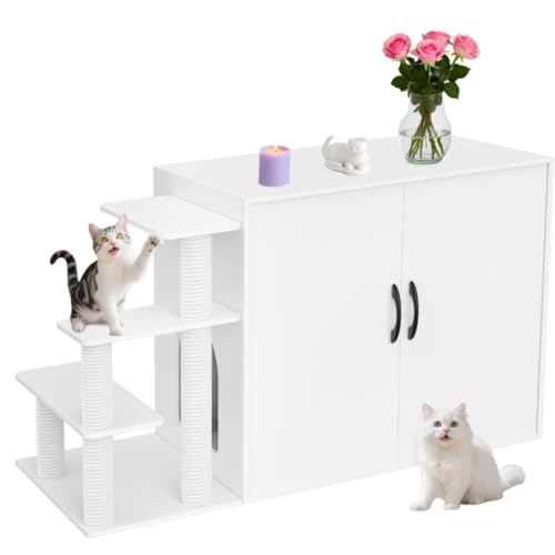 LuckyEnergy New Upgraded 2-in-1 Cat Litter Box Furniture with Cat Tree – Hidden Odor Control Enclosure for 2 Cats, Dual Entry, Ventilation, Modern TV Stand Style