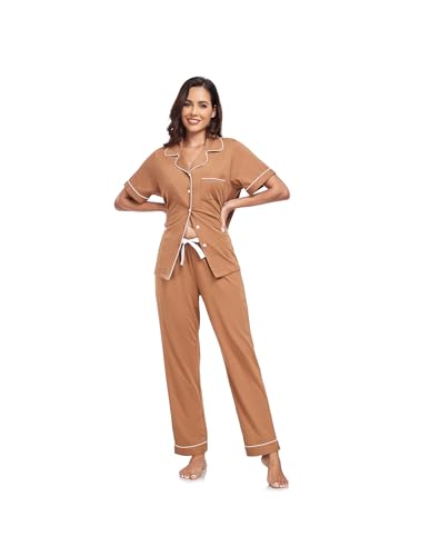 Image of CF Womens 100% Cotton Pajamas Set Button Down Pjs Sets Short Sleeve Top & Long Pants Sleepwear Comfy Loungewear with Pockets