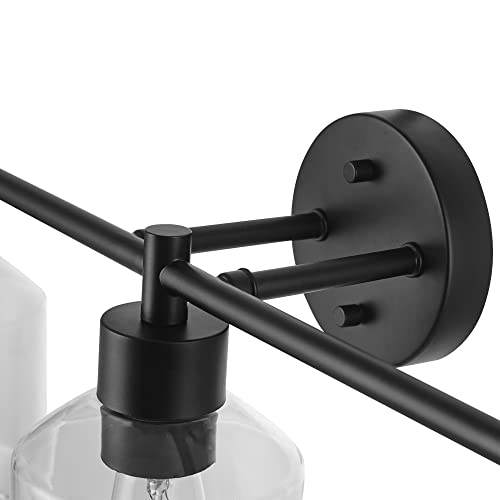 Image of Globe Electric 65556 All-in-One 5-Piece Bathroom Set, Matte Black Finish, 3-Light Vanity with Clear Glass Shades, Towel Ring, Toilet Paper Holder, Robe Hook, and Towel Bar, Modern Bathroom Lighting