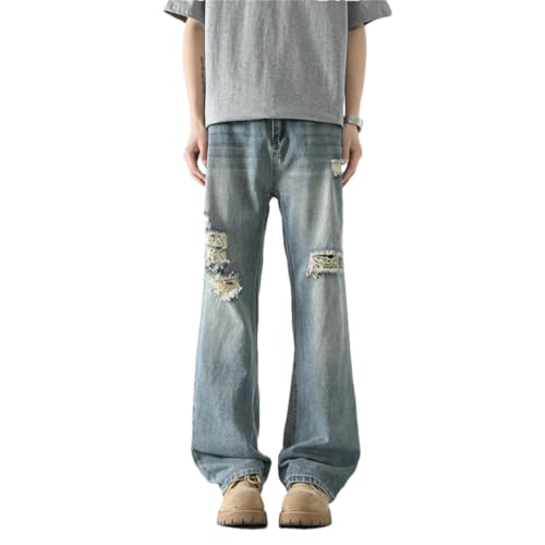 Men Summer Jeans Vintage Baggy Straight Pants Hiphop Ripped Jeans Blue Denim Trousers