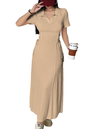 Image of Shasmi Women's Solid Color Applique Lace-Up Collared Short Sleeve, Side-Tie Waist Long Casual Maxi Women Dress Outfit Long Evening Midi Western Party Dress for Women (Dress 211)