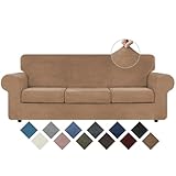 WEERRW 4 Pieces Polyester and Spandex High Stretch Couch Covers for 3 Cushion Couch Sofa Slipcovers, Furniture Protector with Non Slip Elastic Bottom, Feature Soft and Thick Plush Fabric, Camel, Large