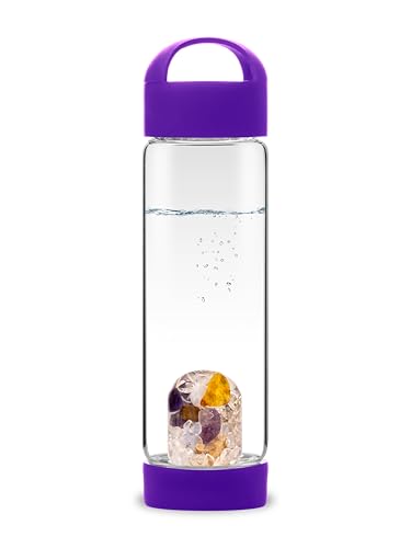 VitaJuwel ViA PRANA - Botella de agua de yoga con amatista, madera petrificada, calcedonia, ámbar y cristal de roca para la atención plena, el equilibrio interior y la fuerza vital