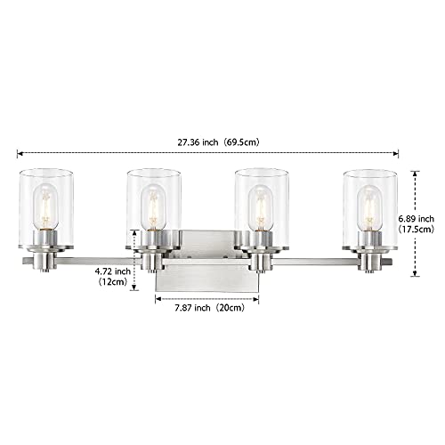 Image of 4-Light Bathroom Lighting,Modern Brushed Nickel Vanity Light Fixture Over Mirror,Industrial Wall Lamp with Clear Glass Shade