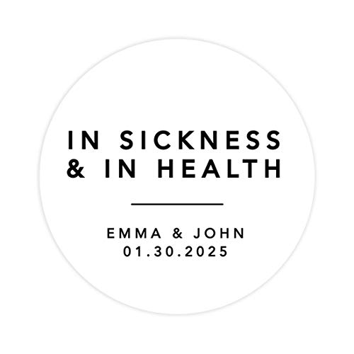 Andaz Press Wedding Personalized Round Circle Label Stickers, in Sickness and in Health, Custom Names, Minimal Design, Social Distancing Wedding Hand Sanitizer Mask Favor Labels, 120-Pack
