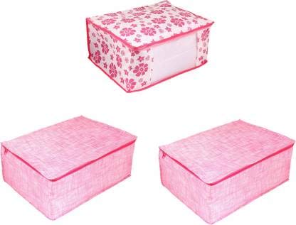 Click@me Saree Cover Storage Bag for Clothe Organizer Non Woven with Front Transparent Window for Wardrobe Set Pink Khakhi Strip & Floral Print (Pack of 3)