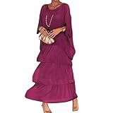 Sunlighty Vestido suelto de estilo artístico, vestido casual de línea A, cuello redondo, manga de murciélago, vestido largo bohemio para vacaciones, rosso, XXL