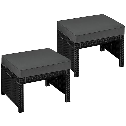 Yaheetech Wicker Ottomans, Set of 2 Footrest with Removable Cushion, 2pcs PE Rattan Side Table Additional Seating Multipurpose Outdoor Furniture for Patio, Backyard, Black-Gray
