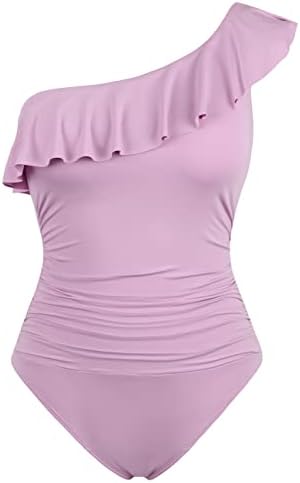 Hilor Women's Tummy Control 1 Piece Swimsuits One Shoulder Swimwear Ruffled Monokinis Bathing Suits Winsome Orchid 18