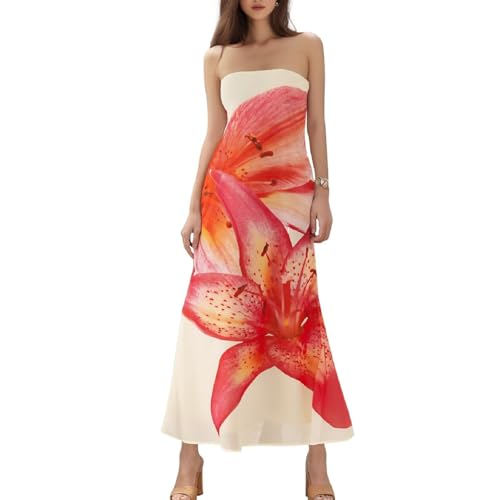 Image of Women Floral Strapless Maxi Dress Y2K Bodycon Tube Long Dresses Sexy Party Formal Cocktail Beach Slit Dress