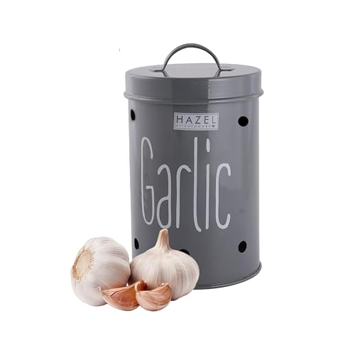 HAZEL Garlic Storage Container with Lid | 1KG Capacity Food Grade Kitchen Organizer | Air Vent Basket for Vegetable Storage, Grey