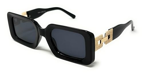 Designer Square Sunglasses with Gold Accent Temple Arms, Black or Brown Frame
