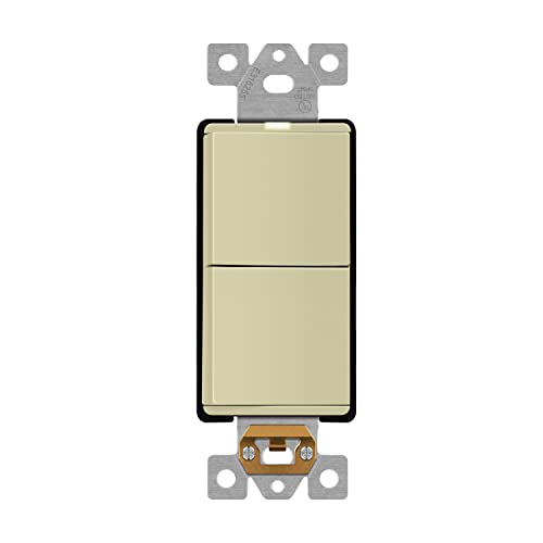 Image of LIDER Minimalist Design Lighted Double Switch, Combination Frameless Decorator Switch with Locator Light, Ground Terminal, Single Pole, 15A 120-277V, LCS2-1P-I, UL Listed, Thermoplastic, Matte Ivory
