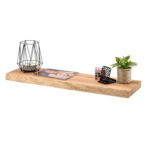 ABL HOLZ-ZENTRALE Wandregal Eiche Massiv 4 cm Stark - 70x22x4 cm mit Baumkante – Natur Geölt – Schwebendes Regal mit Unsichtbarer Befestigung – Massivholz Regalbrett