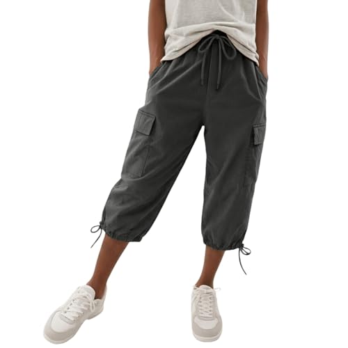 Image of TEPTDirio Womens Cargo Trousers Plus Size Joggers for Women UK Loose Fit Casual Baggy Cargo Pants Cotton Linen Hiking Ladies Cropped Trousers Yoga Lightweight Capri Pants for Women UK Grey