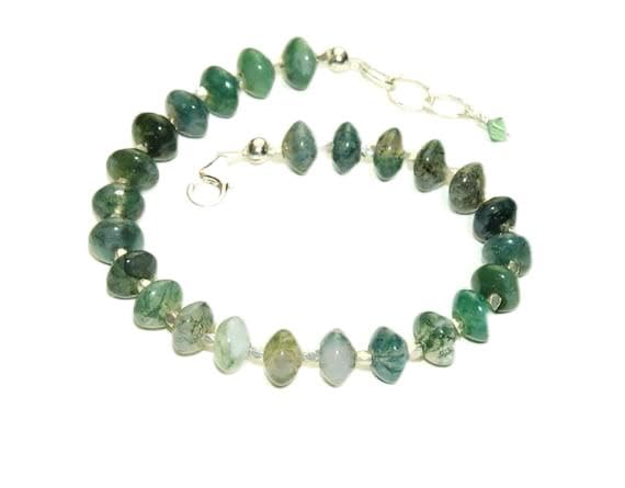 Bracelet en perles agate mousse verte 8mm et fermoir argent authentique LCBR-3334
