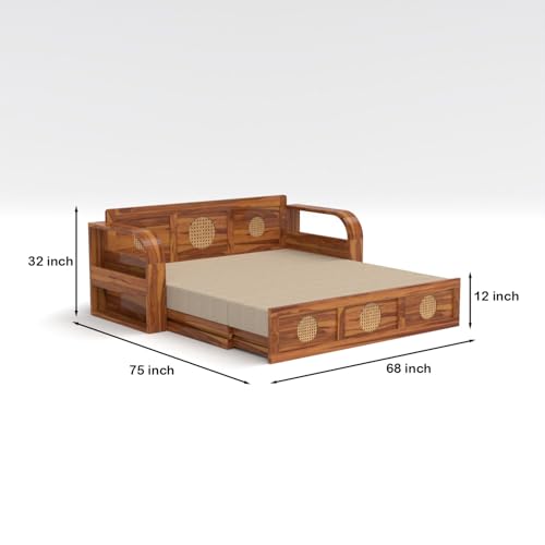 Image of Kunjal Furniture Solid Sheesham Wood Sofa Cum Bed with Storage for Living Room | Natural Finish | 3-Seater Convertible Sofa Bed | Handmade Wooden Furniture (Natural, Round Cane)