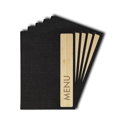 SIGEL SM221/5 Speisekarten-Mappe A5 Menu mit Gummi-Bindung 5er Pack strapazierfähiger und wasserabweisender Einband dunkelgrau/beige mit Leinenstruktur Kunststoff und Bambus