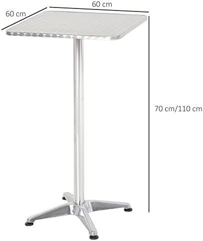 HOMCOM Height Adjustable Bistro Table Pub Bar Square Table Stainless Steel Top Aluminium Edge 60 x 60cm