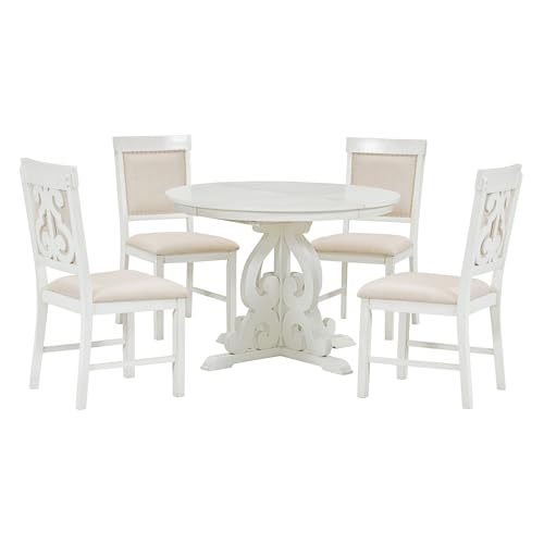 Round Pedestal Dining Table Set with 4 Chairs White