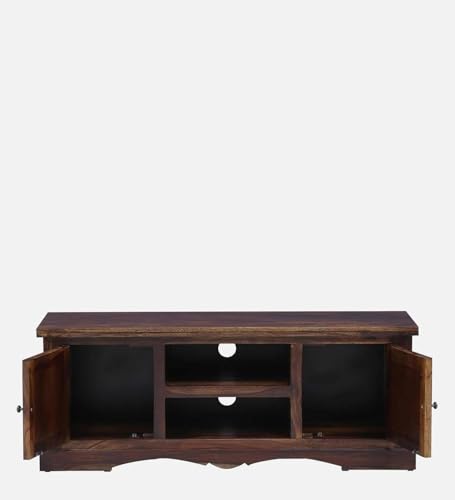 Image of Solid Wood TV Unit for Living Room 50 Inch Furniture - Wooden TV Unit with Storage Cabinet with 2 Door, 2 Open Shelves Wooden TV Cabinet for Living Room - Fits up to 50-Inch TV (Evan)