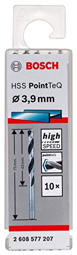 Bosch Accessories 2608577207 HSS PointTeQ (3,9 x 43 x 75 mm) - Set da 10 Pezzi di Punte Elicoidali per Trapano per Metallo, Acciaio, Fusione o Plastica, Grigio (Argento), Ø 3.9 mm