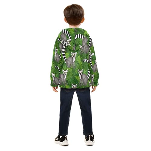 Lemurs Green Leaves Pattern Toddler Fleece Jacket Girl Boys Hooded Fleece Jacket Coat Warm Outwear Zip-up 3-10T4